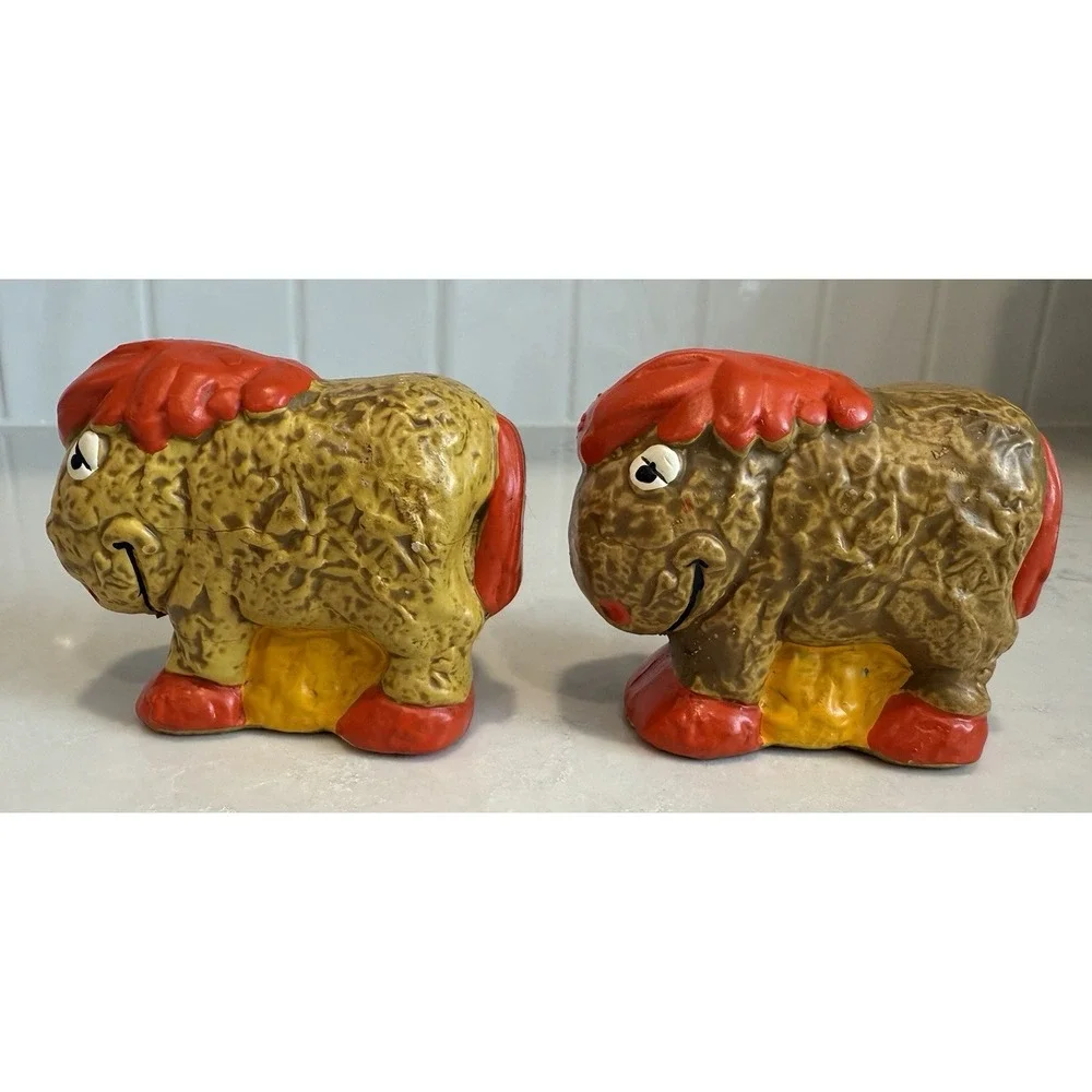 Vintage Shaggy Horse Pony Folk Art Salt‎ & Pepper Shakers Japan 1970's Funky MCM